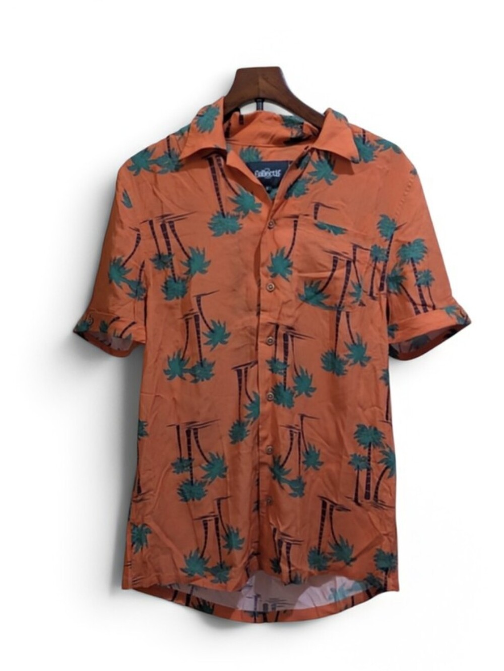 Collectif Orange Palm-Print Short Sleeve Button-Down Shirt